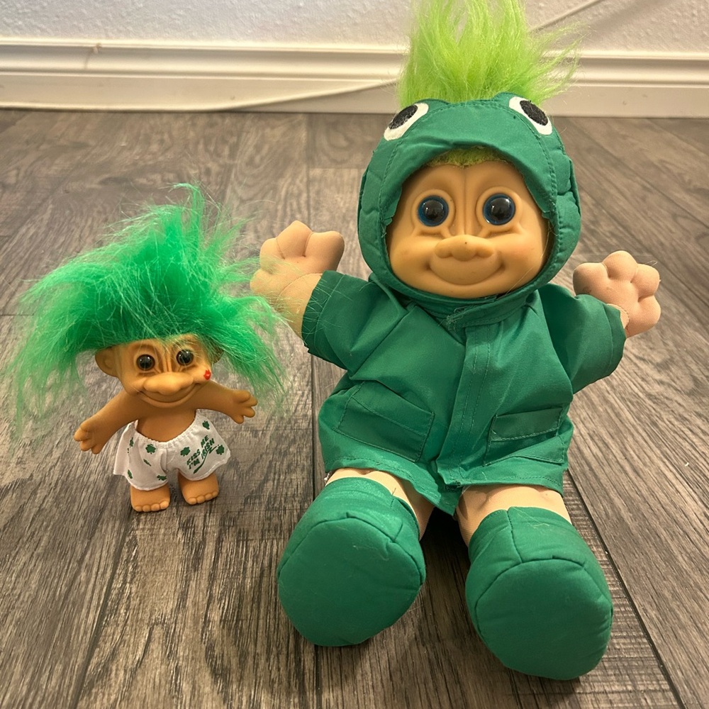 2 Green Irish and Frog Troll Dolls